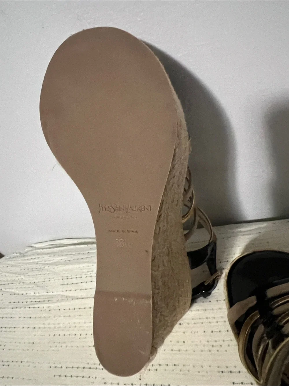 Yves Saint Laurent Black and Gold Strappy Espadrille Platform Sandals